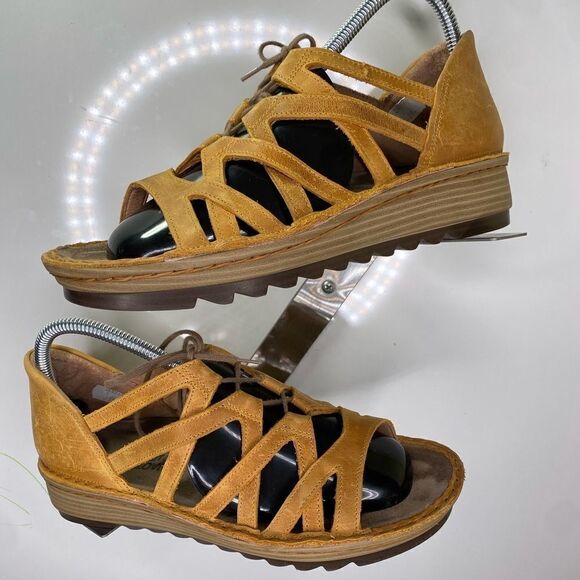 Naot Women's 8 8.5  EU 39 Yarrow Camel Tan Lace Up Ghillie Wedge Sandals - Picture 1 of 5